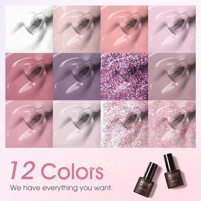 ROSALIND Pink Gel Polish Set, 12 Colors White Pink Purple Glitter Gel Nail Polish Peach Blush Pinks Sparkle Gel Polishes Soak Off Light Purple Gray Spring Romantic Gel Polish Kit