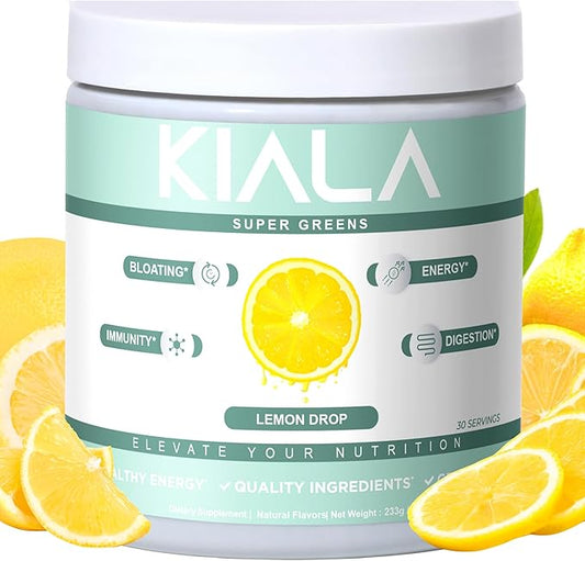 Kiala Nutrition Super Greens, Organic Greens Powder with Spirulina & Chlorella for Digestion, Gut Health, Immunity, Energy, Gluten Free, Vegan, Sugar Free, Spectra Blend, Lemon Drop, 30 Servings