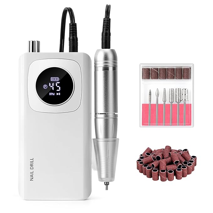 Rechargeable Electric Nail File Professional: Madenia 45000RPM Portable Efile Nail Drill Kit, Cordless E File Nail Drill Machine for Acrylic Gel Nails Salon Home Manicure Use, White