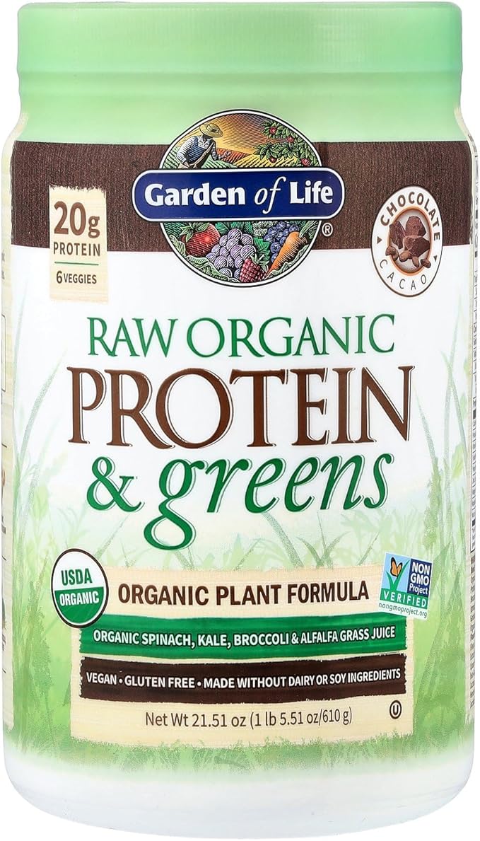 Garden of Life Raw Organic Protein & Greens - Chocolate - Vegan Protein Powder for Women and Men, Plant Protein, Pea Protein, Greens & Probiotics - Dairy Free, Gluten Free Low Carb Shake, 20 Servings