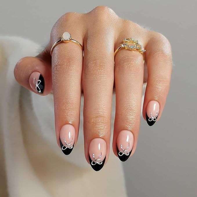 Black French Tip Press on Nails Short with 3D Bow Design - Soft Gel Almond Fake Nails for Women Gift, Natural Stick on Nails with Glue in 16 Sizes - 32 Reusable Nails, Silver Ribbon