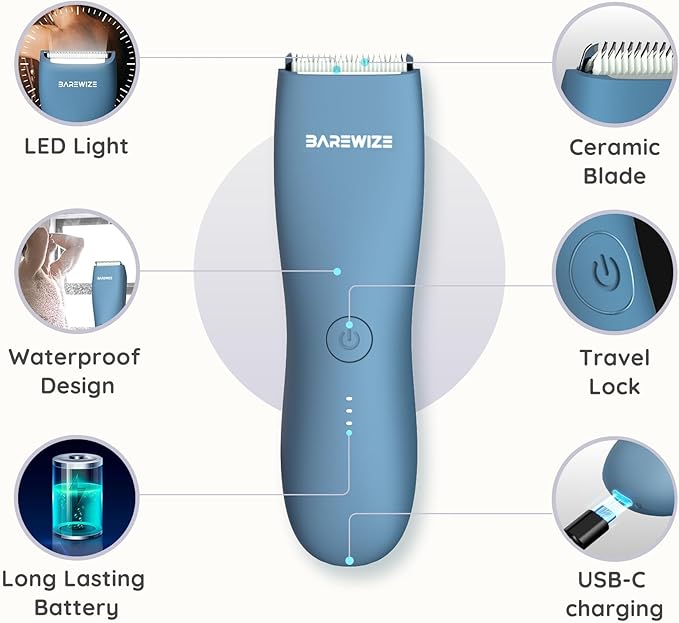 Body Hair & Pubic Hair Trimmer for Men & Women, Painless Electric Body & Bikini Shaver | Waterproof, Type-C Rechargeable, LED Light, Replaceable Blade, Manscape Personal Groomer (Azure)