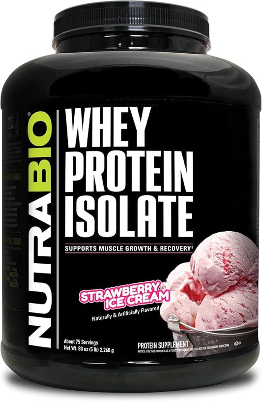 NutraBio 100% Whey Protein Isolate Protein Powder, 25g Protein with Complete Amino Acid Profile, Soy and Gluten Free, Low Carb and Low Calorie Whey Protein Powder, Strawberry Ice Cream, 5 Lbs.