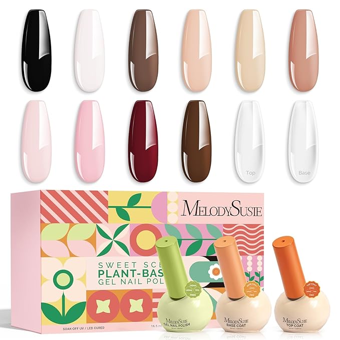 MelodySusie Highly Pigmented Gel Nail Polish Set,10 Classic Nude Colors with 2 Top & Base Coat, TPO & HEMA Free Plant-Based Formula, 16.5ml Tilt-and-Stand Bottle, Gift for Nail Art at Home