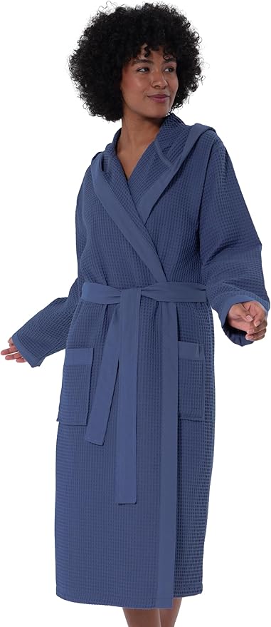 SEYANTE Women’s Luxury Waffle Shawl Collar, Hooded Robe w Piping – Lightweight, Long, Ultra Soft Spa Sleepwear Bathrobe