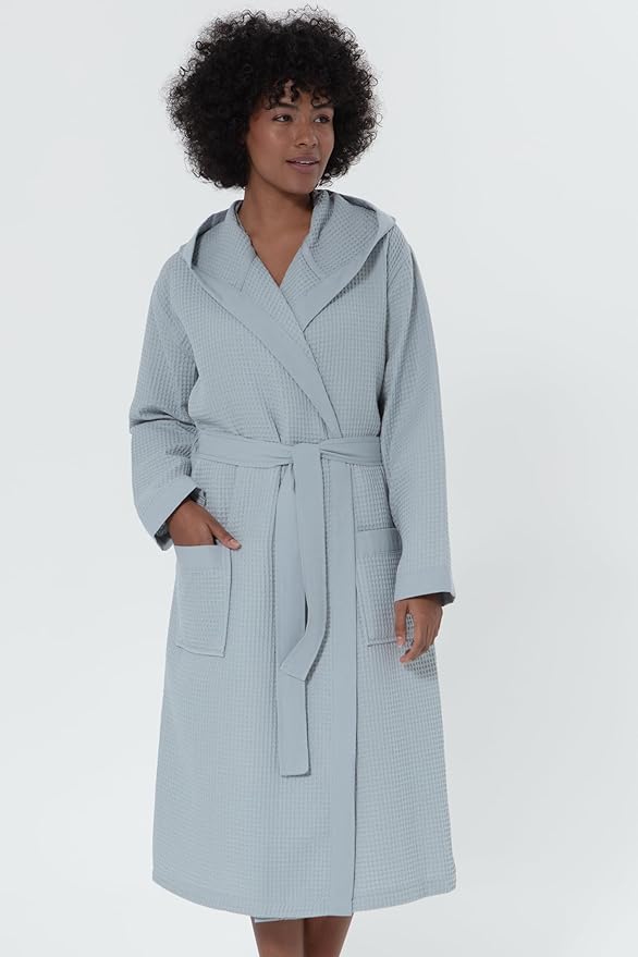 SEYANTE Women’s Luxury Waffle Shawl Collar, Hooded Robe w Piping – Lightweight, Long, Ultra Soft Spa Sleepwear Bathrobe