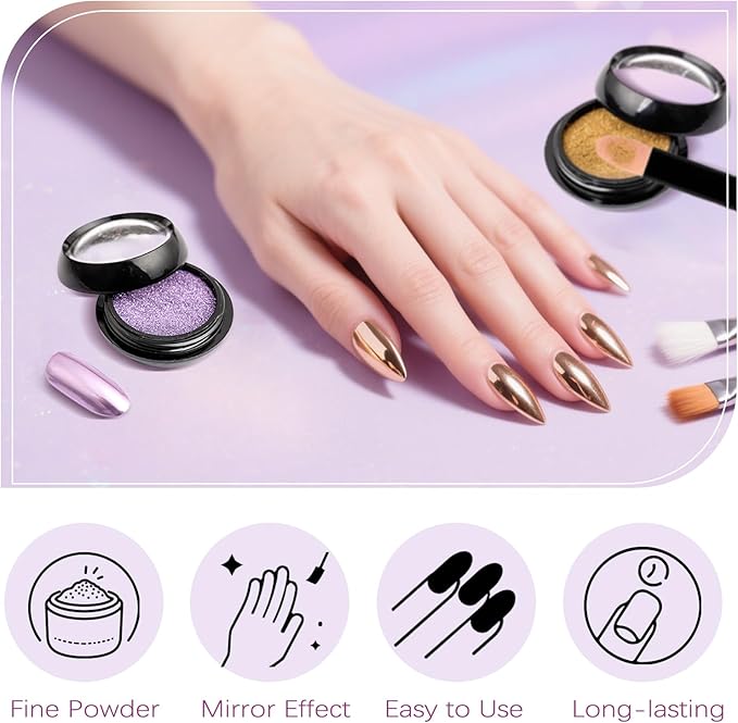 Chrome Nail Powder, 12 Colors Metallic Mirror Powder Gold Silver Blue Purple Red Pink Brown Nail Art Decoration Glitter for DIY Nail Supplies, 1g/Jar, 12 Sponge Sticks