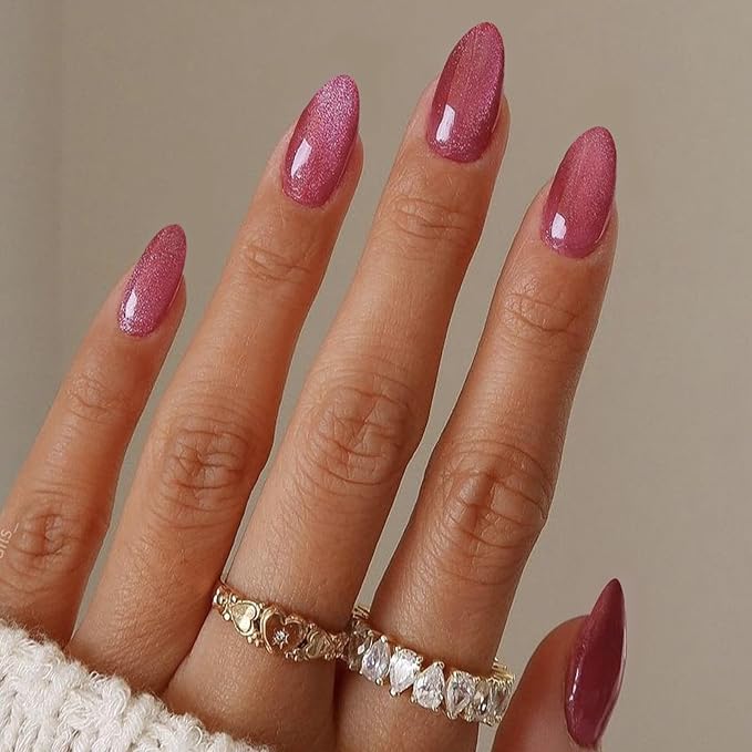 GLAMERMAID Pink Magnet Cat Eyes Press on Nails Short Almond, Handmade Jelly Gel Fake Nail Kits, Ombre Glitter Magnetic Glue on Nail Stiletto, Pink Aurora Medium Oval Stick on False Nail Set for Women