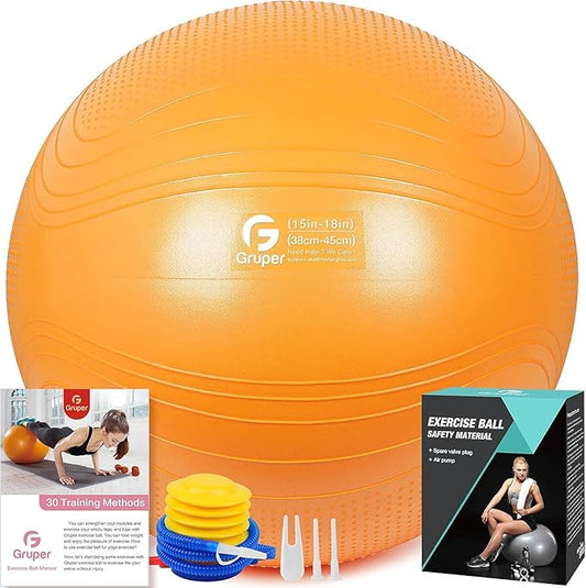 Gruper Yoga Ball, 18-30 Inch Extra Thick Exercise Ball for Workout Fitness Balance, Anti Burst Chair for Home and Office Desk, Includes Hand Pump & Workout Guide Access
