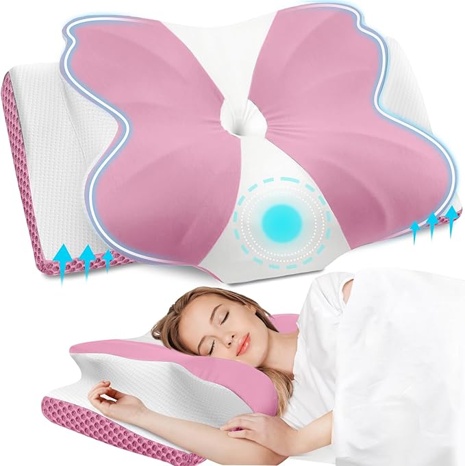 CloudBliss Cervical Memory Foam Pillow for Neck and Shoulder, Contour Neck Support Pillow with Cooling Case, Ergonomic Bed Pillow, Support for Side Back Stomach Sleepers (Pink, King Size)