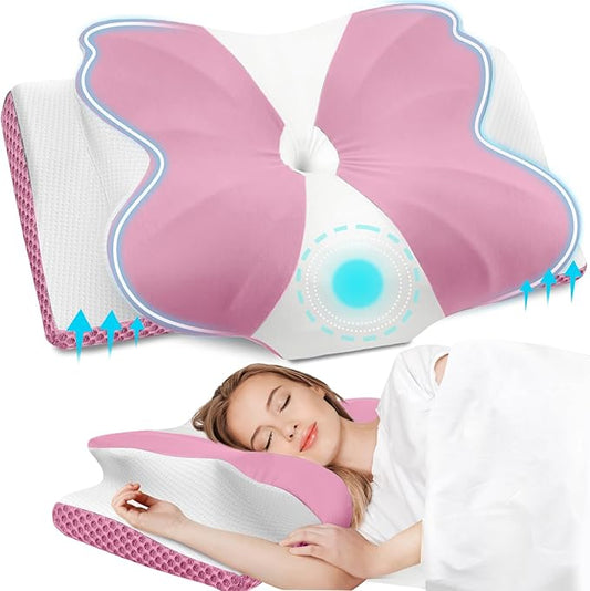 CloudBliss Cervical Memory Foam Pillow for Neck and Shoulder, Contour Neck Support Pillow with Cooling Case, Ergonomic Bed Pillow, Support for Side Back Stomach Sleepers (Pink, King Size)