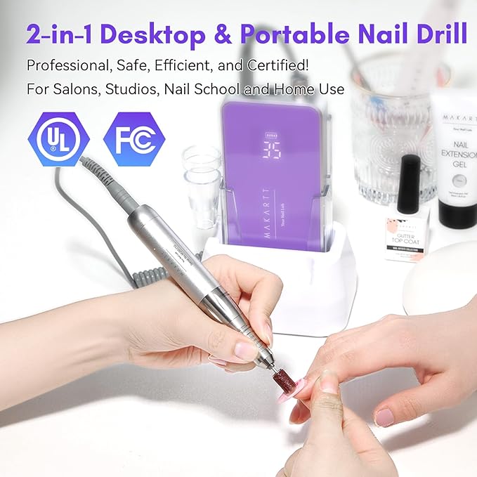 Makartt Professional Nail Drill - 35000RPM Electric Nail File with 60W Coreless Motor, 2 in 1 Desktop & Portable Rechargeable E File with Drill Bits and LCD Display, Nouvella Purple