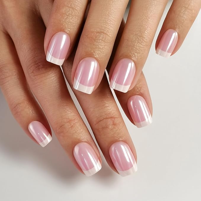 Chrome White French Tip Press on Nails Short - Soft Gel Square Press on Nails for Women Gift, Glossy Glue on Nails in 16 Sizes - 32 Reusable Fake Nails Kit with Glue, Aurora French