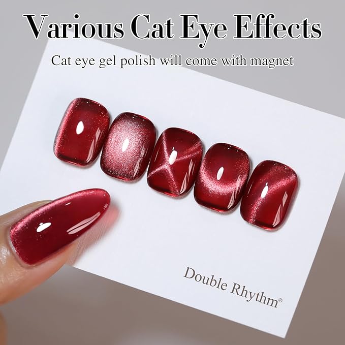 Double Rhythm Jelly Glass Cat Eye Gel Polish with Magnet 15ML Holographic Glitter Shimmer Translucent Sheer Color Magnetic Nail Polish Salon DIY at Home (Dark Red-MC1054)