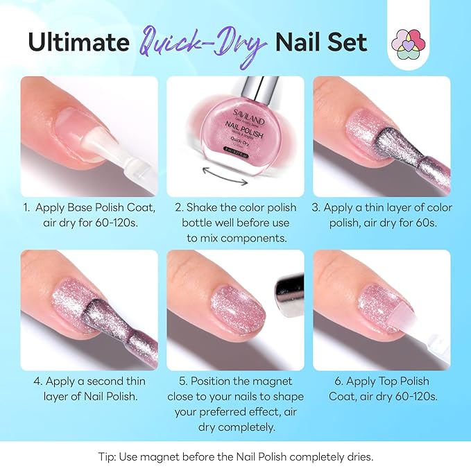 SAVILAND Glass Bead Cat Eye Nail Polish Set: Quick Dry 6 Colors Magnetic Nail Polish with Magnet 12-Free Fingernail Polish Air Dry Nail Lacquer Bulk for Beginners Home Use Women Gift