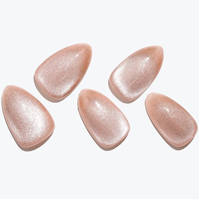 GLAMERMAID Nude Pink Magnet Cat Eyes Press on Nails Short Almond, Handmade Jelly Gel Fake Nail Kit, Aurora Ombre Glitter Magnetic Glue on Nail Stiletto, Pure Medium Oval Stick on False Nail for Women