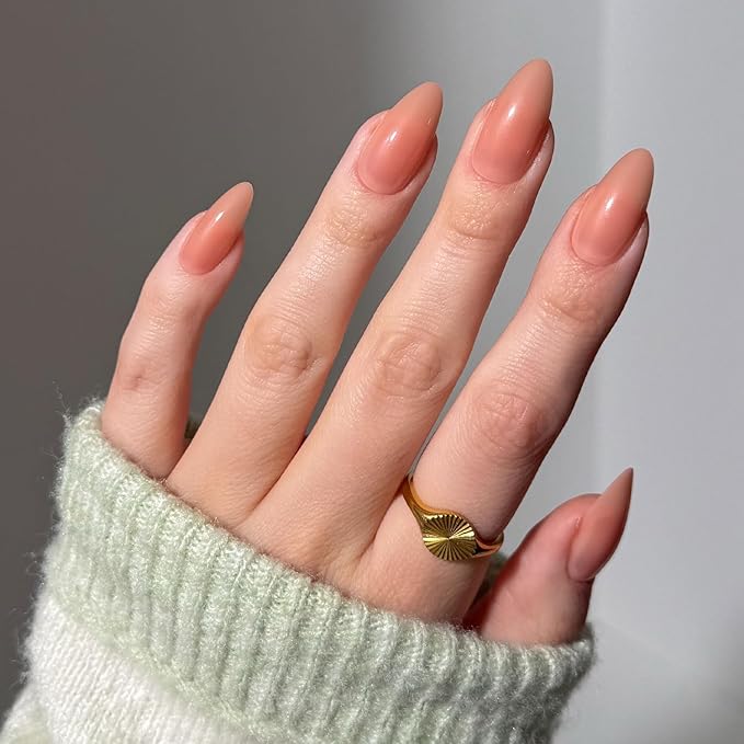 Glamnetic Press On Nails - Sheer Peach | Medium Almond Fake Nails, Sheer Peach Pink Neutral, Salon Quality | 15 Sizes - 30 Nail Kit Wtih Glue