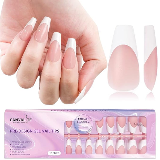 Canvalite French Tip Press on Nails Gel Nail Tips - 300Pcs Pre-Colored Quick and Easy Fake Nails with Designs Coffin Nails Tips Press on Nails Long DIY Nail Extensions, Pink White