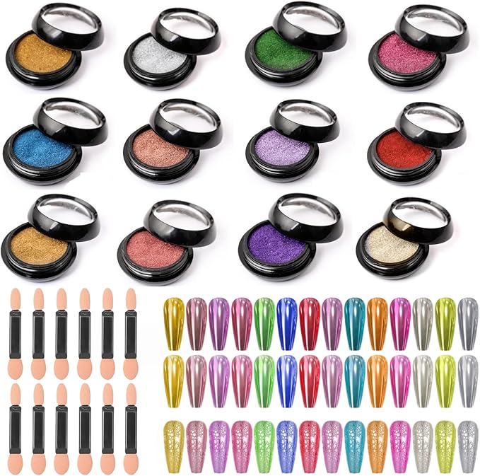Chrome Nail Powder, 12 Colors Metallic Mirror Powder Gold Silver Blue Purple Red Pink Brown Nail Art Decoration Glitter for DIY Nail Supplies, 1g/Jar, 12 Sponge Sticks
