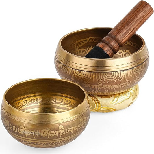 2-Pack Tibetan Singing Bowls Set - 100% Handmade in Nepal, Sound Bowl Meditation Set for Yoga, Chakra Healing, Meditation Gifts, Unique Gifts for Women (Yellow, 3.15 + 4 inch)