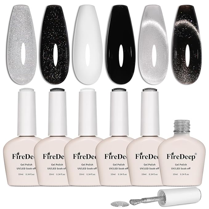 10ml Hema Free Gel Nail Polish Set, 6 Colors Cat Eye Black White Gray Silver Glitter Shimmer Gel Polish Kit with Magnet Sparkle Galaxy Series Soak Off Manicure for Salon and Nail Art DIY