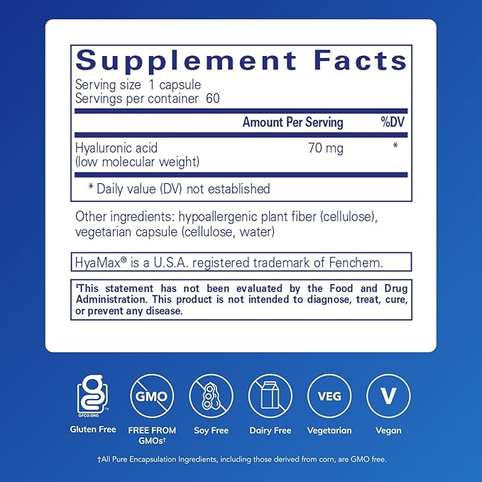 Pure Encapsulations Hyaluronic Acid - for Skin Hydration, Joint Lubrication & Joint Health* - Effective Absorption - Gluten Free - Vegan & Non-GMO - 60 Capsules