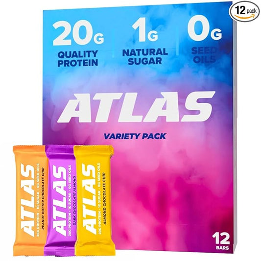 Atlas Protein Bar, 20g Clean Protein, 1g Natural Sugar, No Seed Oils, Gluten Free, No Artificial Sweeteners, Ultimate Whey Variety, 12 Pack