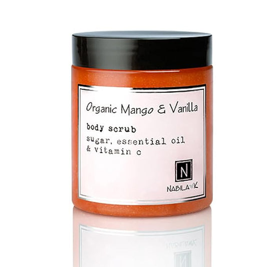 Organic Mango & Vanilla Body Scrub Made in USA with Essential Oil and Vitamin C by Nabila K - Exfoliate and Moisturize for Smooth Skin - Luxury for Women & Men, 3 oz