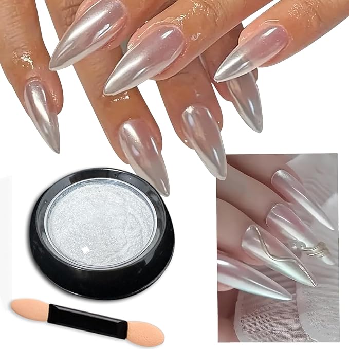 Holographic White Pearl Chrome Nail Powder Mirror Effect Metallic Sequins UV Gel Nail Chrome Powder Pigment for Nail Art Decoration, White Pearl Chrome Powder for Nails