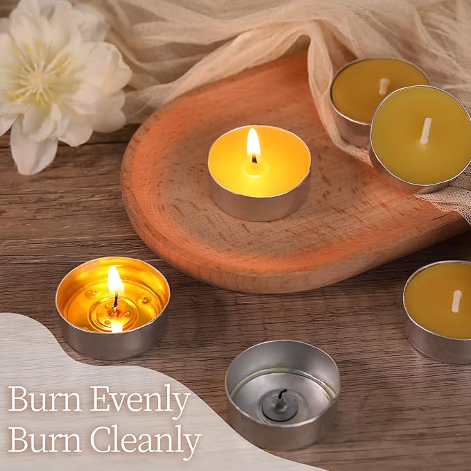 50 Packs Beeswax Tealight Candles, Pure Beeswax Tea Lights Candle, Natural Organic Tealights Candles Unscented Smokeless Clean Burning with 4 Hour Burn Time