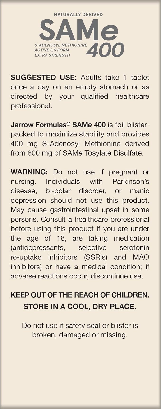 Jarrow Formulas Same 400 mg - 60 Tablets - Highest Concentration of Active S,S Form - Supports Joint Health, Liver Function, Brain Metabolism, Mood & Antioxidant Defense - 60 Servings