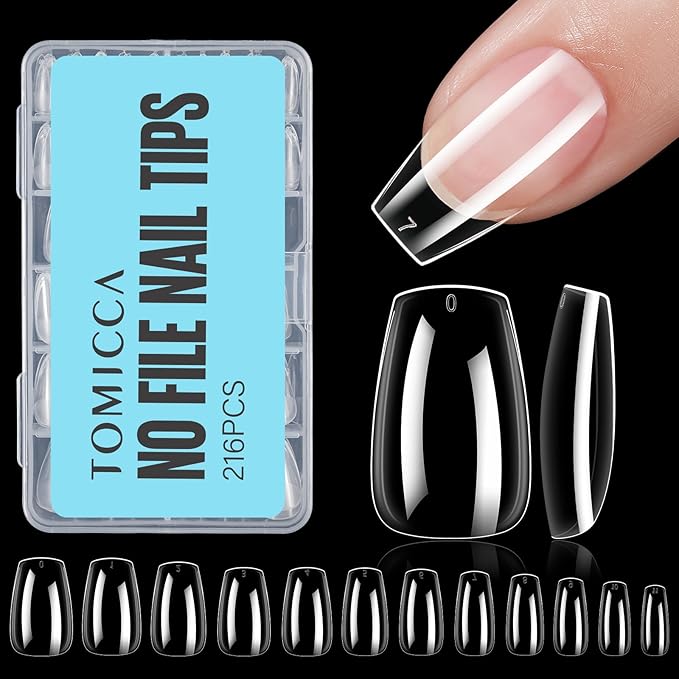 TOMICCA Coffin Acrylic Nails - Clear Short Coffin Nails, 216Pcs Fake False Nails for Nail Extension, Gel Press on Nails for Beginners and Professional