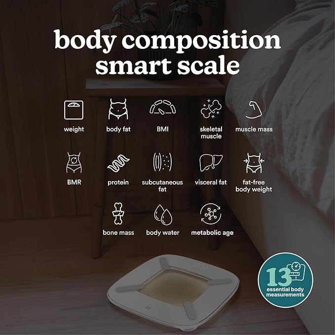 Homedics Digital Smart Scale, Motion-Sensing LED Display, 13 Body Metrics Analysis, Bluetooth Sync, Multi-User Recognition, High-Precision Weight Measurement Up to 400 lbs, White