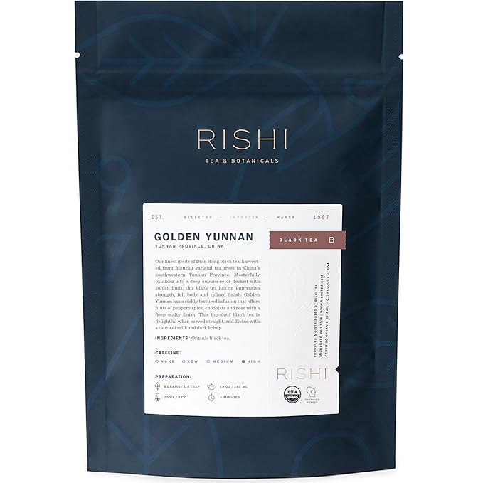 Rishi Tea Golden Yunnan Black Tea - Organic, Loose Leaf Tea, Smooth & Rich Ancient Chinese Tea, Energizing & Caffeinated - 4 Ounces, 14+ Servings