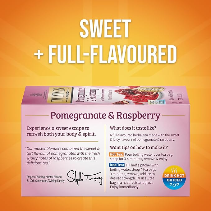 Twinings Pomegranate & Raspberry Herbal Tea Individually Wrapped Bags, 20 Count (Pack of 6), Naturally Caffeine-Free, Enjoy Hot or Iced, 120 Teabags