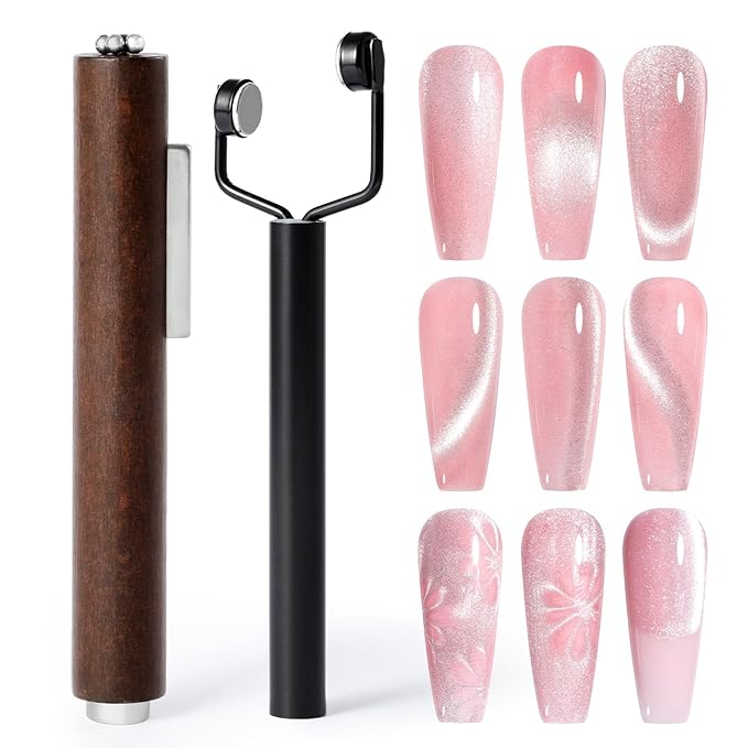 MelodySusie Cat Eye Gel Nail Polish Magnets, 3 in 1 Wooden Handle and Y-Shaped Double Head Nail Magnet Wand Set 2PCS, Suitable for Manicure Nail Design Salon DIY at Home