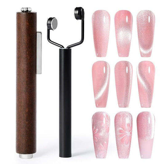 MelodySusie Cat Eye Gel Nail Polish Magnets, 3 in 1 Wooden Handle and Y-Shaped Double Head Nail Magnet Wand Set 2PCS, Suitable for Manicure Nail Design Salon DIY at Home