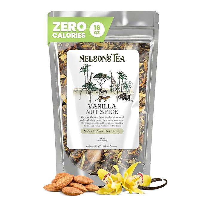Nelson's Tea Vanilla Nut Spice - Cut & Sifted, Low Caffeine Rooibos Loose Leaf Tea with Honeybush, Yerba Mate, Chicory Root, Licorice Root, Cardamom Seeds, Coconut and Marigold Herbal Blend (16 oz)