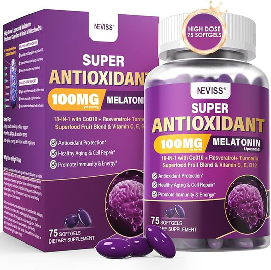 Melatonin 100mg for Antioxidant & Cognitive Health, Ultra High Dose Melatonin with CoQ10, Turmeric, Trans-Resveratrol, Vitamin B12 C E for Brain Anti-Aging, Cellular Repair and Energy, 75 Softgels