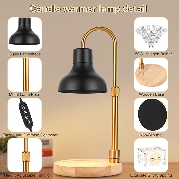 Candle Warmer Lamp with Timer & Dimmer, Adjustable Height Electric Candle Warmer with 3 Bulbs,Compatible with All Size Scented Candles, Wax Melt Warmer for Bedroom,Home Decor House Warming Gifts