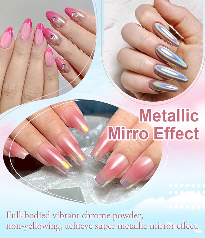 Chrome Nail Powder Kit - Black White Colors Gel Polish Mirror Metallic Effect Holographic Aurora Iridescent Pearlescent Manicure White Pearl Chrome Nail Powder for Nails DIY
