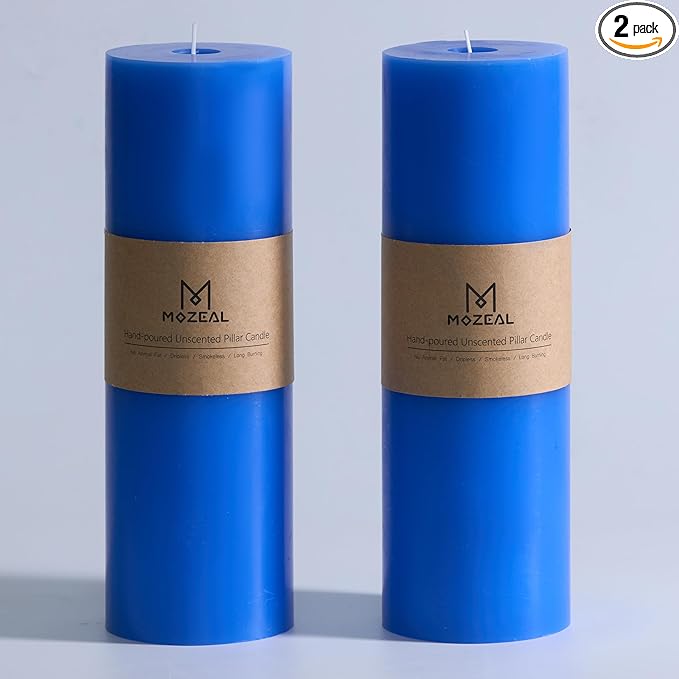 MOZEAL 4" x 12" Extra-Large Blue Pillar Candles (Set of 2), Unscented,Dripless, Smokeless,Long Clean-Burning,These Tall 12 inch Large Blue Pillar Candles Perfect for Weddings and Christmas Decor
