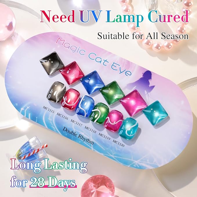 Double Rhythm Cat Eye Gel Polish Set 6 Colors Shimmer Glitter with Magnet Holographic Reflective Magnetic UV Gel Polish Art Kit (Black Burgundy Green Navy 6-Kit 41)