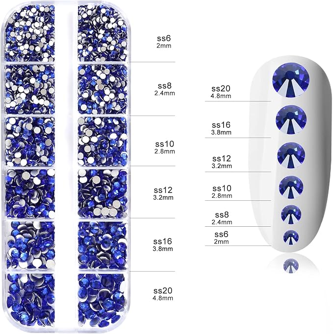 Nibiru 3992 Pieces Art Nail Rhinestones Flat Back Gems Round Crystal Rhinestones 6 Sizes with Pick Up Tweezer Blue