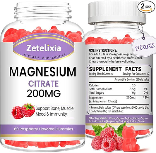 2 Pack Magnesium Citrate Gummies, High Absorption Magnesium Gummies for Adults, Muscle & Teeth Support, Vegan Natural Raspberry Flavor 120 Cts