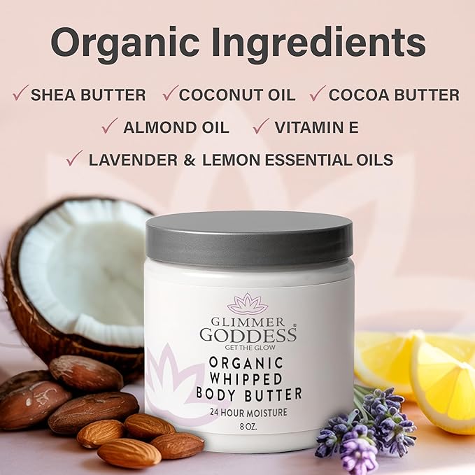Glimmer Goddess Organic Whipped Body Butter for Women - Moisturizer Cream with Shea & Cocoa Butter, Almonds & Coconut Oil - Christmas Cookie, 8oz