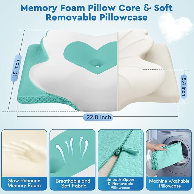 Cervical Neck Pillow, Memory Foam Neck Support Pillows for Sleeping, Shoulder Pillow for Side Sleepers, Back Stomach Sleepers, CertiPUR-US Certified, Standard Size, Green