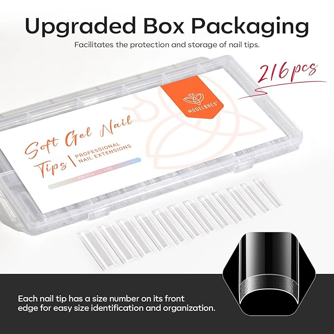 modelones Long Square Nail Tips, 2XXL Straight No C Curve Half Cover Soft Gel Tips Pre-shaped Acrylic Fake Nails False Clear Press on Extension Gel Kit Manicure DIY at Home 216PCS 12Sizes