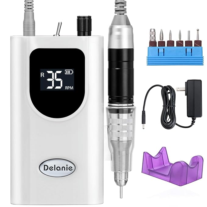 Delanie Professional Nail Drill High Torque 35000 RPM Rechargeable Portable Electric Nail File Filer for Acrylic Gel with Cuticle Bits, Salon Manicure Tool, White