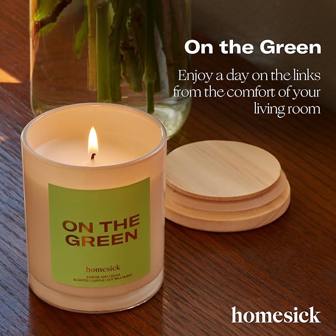 Homesick Scented Candles for Home (On The Green) - 7.5 oz Long-Lasting Natural Soy Wax Blend Jar Candle Gift for Women & Men for All Occasions, 30-35 Hours Burn Time - Notes of Juniper & Cedar